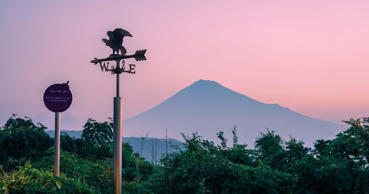 夕焼け空と富士山を背景にした風見鶏のシルエット