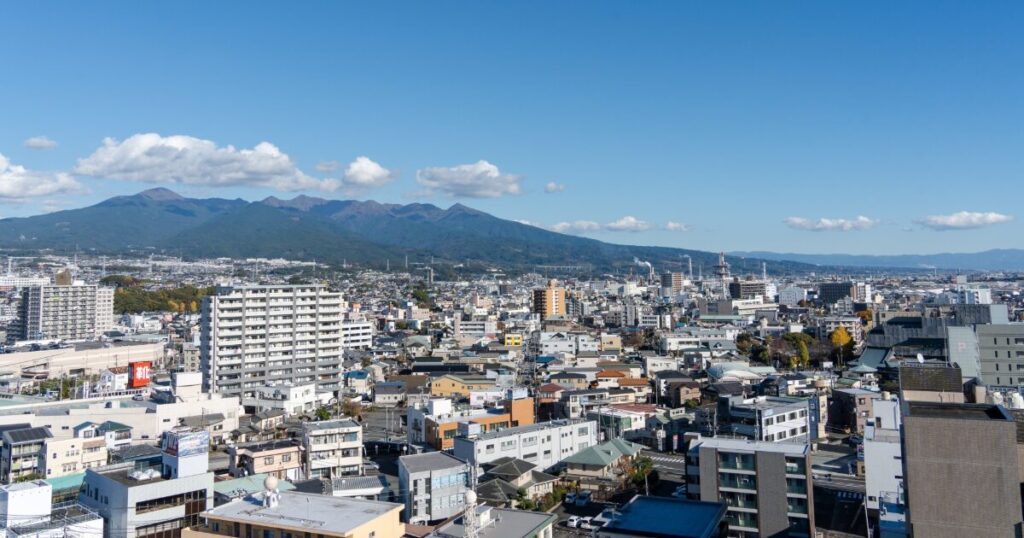 山並みを望む市街地の広がる都市パノラマ