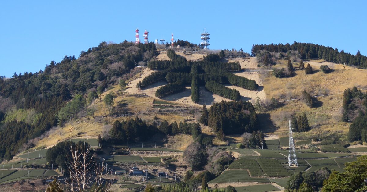 茶畑が広がる山と電波塔が立つ自然豊かな風景