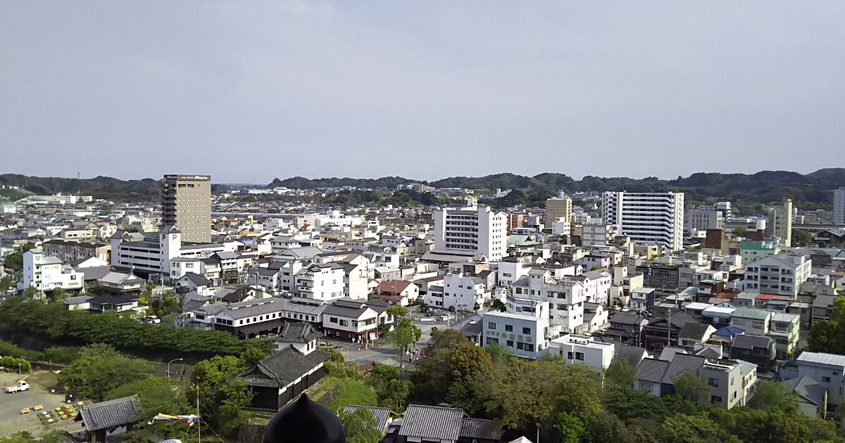 城跡から見渡す住宅街と歴史的建物が残る街並み
