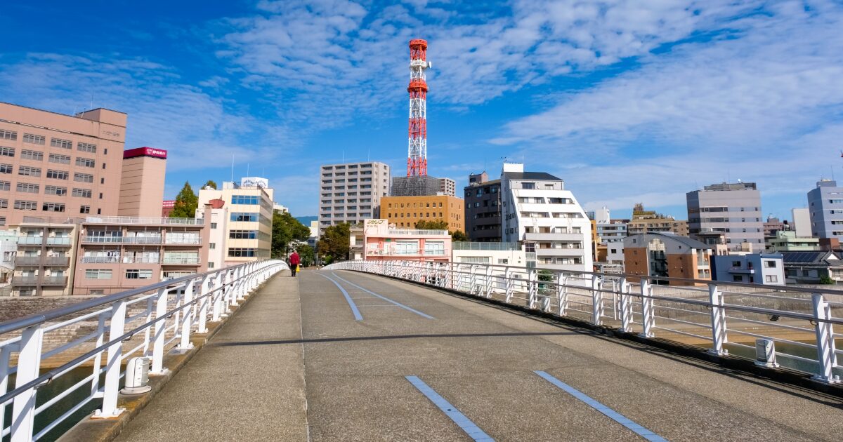 都市の橋と青空に映える赤白の電波塔