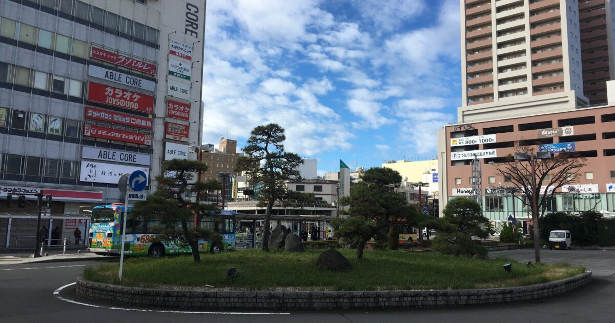 駅前ロータリーと緑地広場に囲まれた市街地