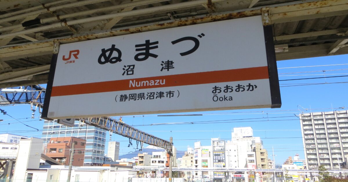 JR沼津駅ホームの駅名標と市街地の風景