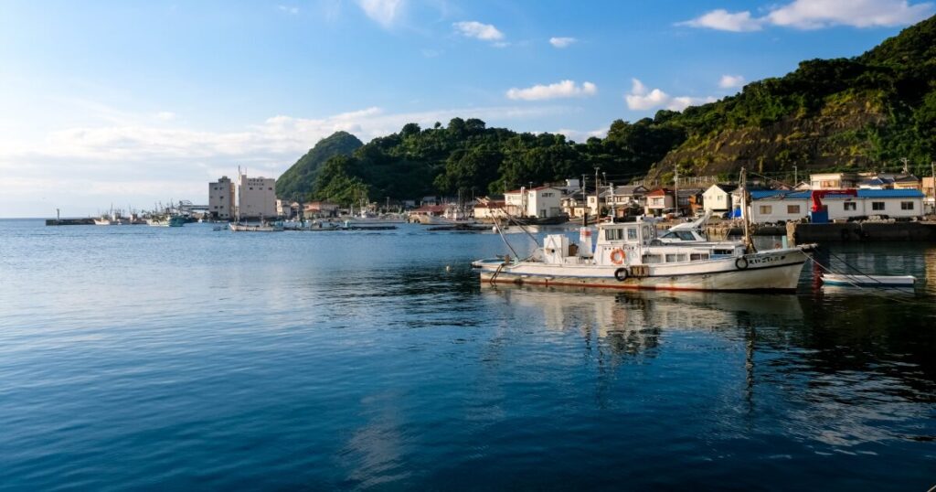 漁港に停泊する船と海沿いの集落風景