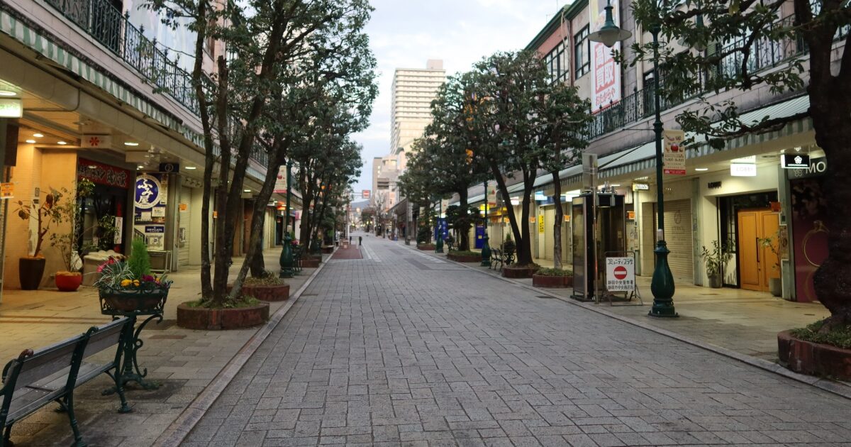 並木道と店舗が続く静かな商店街の歩行者通り