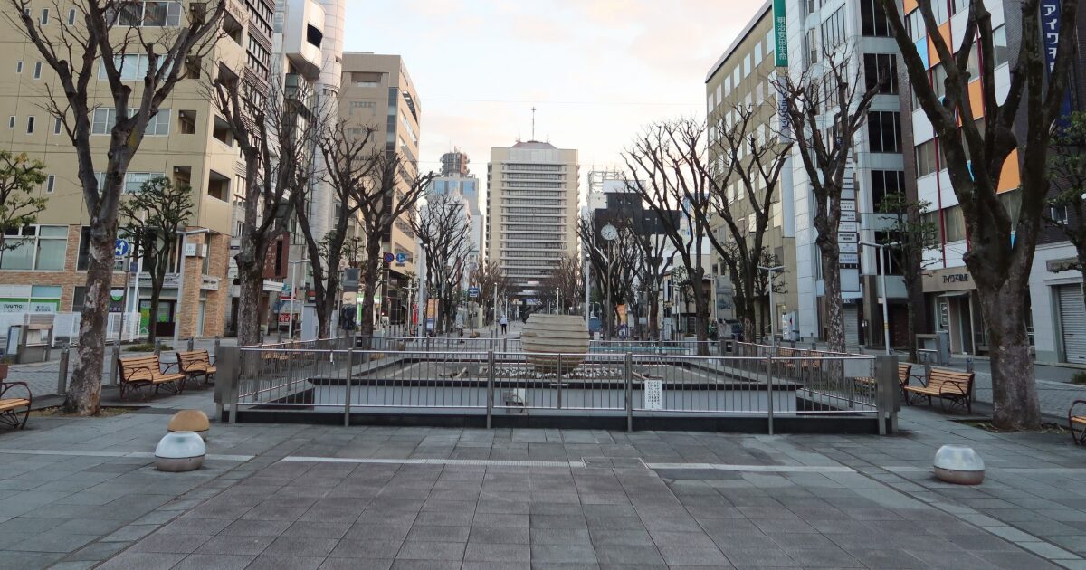 並木道と噴水がある都市の広場とオフィス街の景観